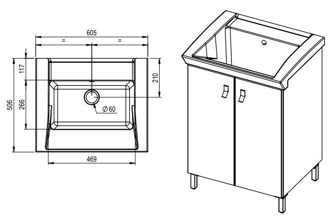 Хозяйственная раковина GEROMIN Bijoux PC65BIJOUX1 с тумбой напольная без отверстия с переливом цвет белый
