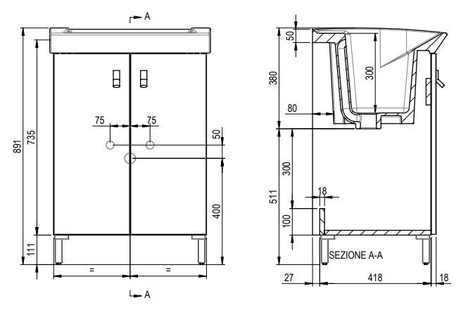 Хозяйственная раковина GEROMIN Bijoux PC65BIJOUX1 с тумбой напольная без отверстия с переливом цвет белый