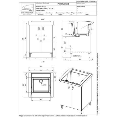 Хозяйственная раковина GEROMIN Bijoux PC66BIJOUX1 с тумбой напольная без отверстия с переливом цвет белый