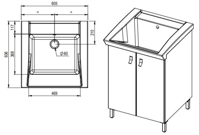 Хозяйственная раковина GEROMIN Bijoux PC66BIJOUX1 с тумбой напольная без отверстия с переливом цвет белый