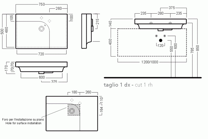 Раковина HATRIA GRANDANGOLO YXNS01 накладная или на тумбу без отверстия с переливом цвет белый