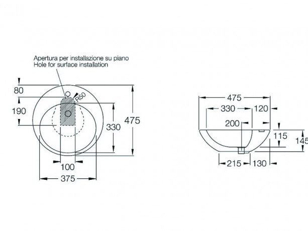 Раковина HATRIA HAPPY HOUR Y0M601 накладная с одним отверстием с переливом цвет белый
