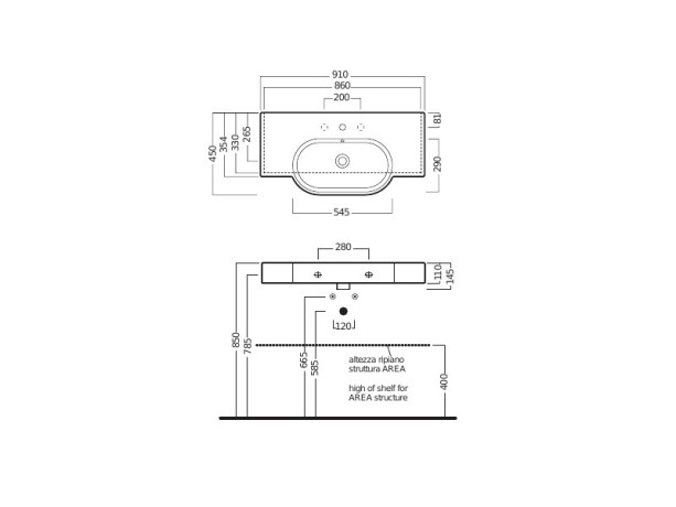 Раковина HATRIA AREA YXA001 подвесная или на тумбу с одним отверстием с переливом цвет белый