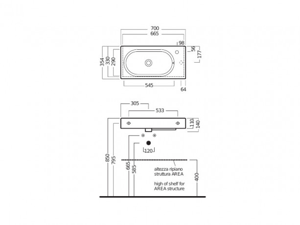 Раковина HATRIA AREA Y0W901 подвесная или на тумбу без отверстий с переливом цвет белый