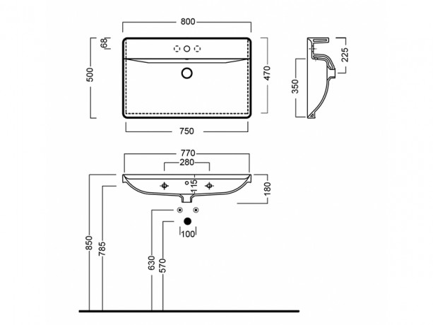 Раковина HATRIA CANALGRANDE Y1EK01 подвесная с одним отверстием с переливом цвет белый